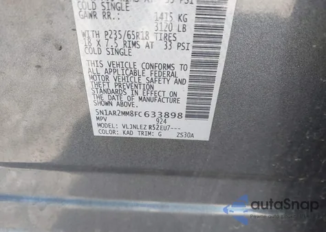 2015 Nissan Pathfinder Platinum/S/Sl/Sv from USA, damaged, VIN 5N1AR2MM8FC633898